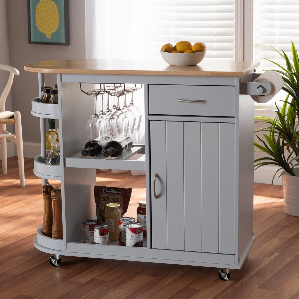 Baxton Studio Donnie Coastal and Farmhouse Two-Tone Light Grey and Natural Finished Wood Kitchen Storage Cart