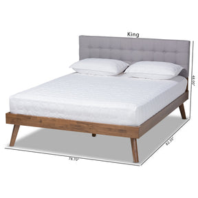 Baxton Studio Devan Mid-Century Modern Light Grey Fabric Upholstered Walnut Brown Finished Wood King Size Platform Bed
