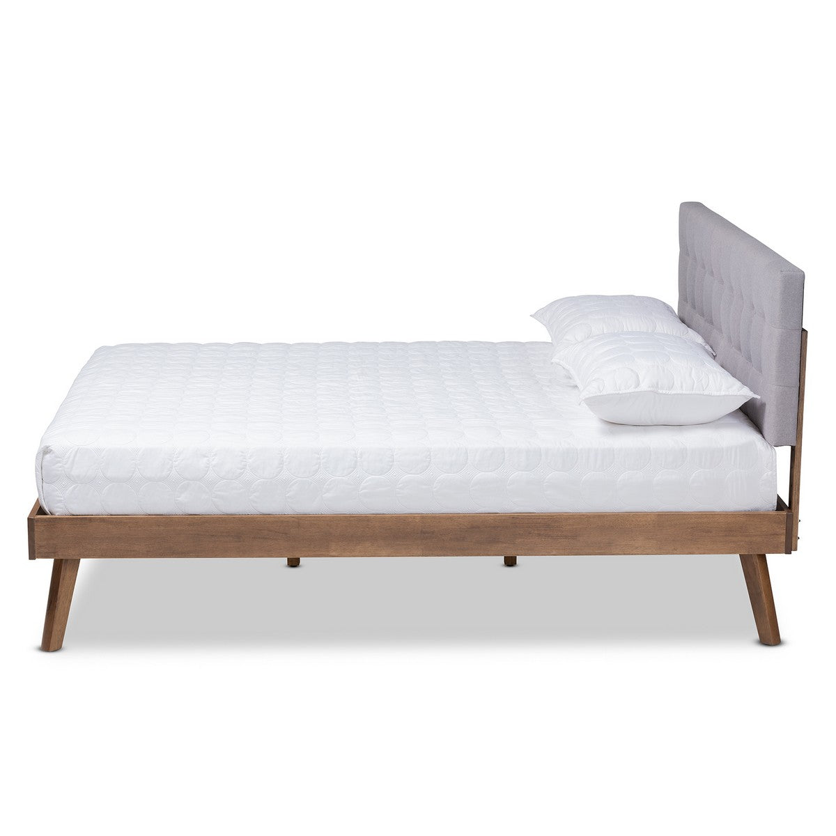 Baxton Studio Devan Mid-Century Modern Light Grey Fabric Upholstered Walnut Brown Finished Wood Queen Size Platform Bed