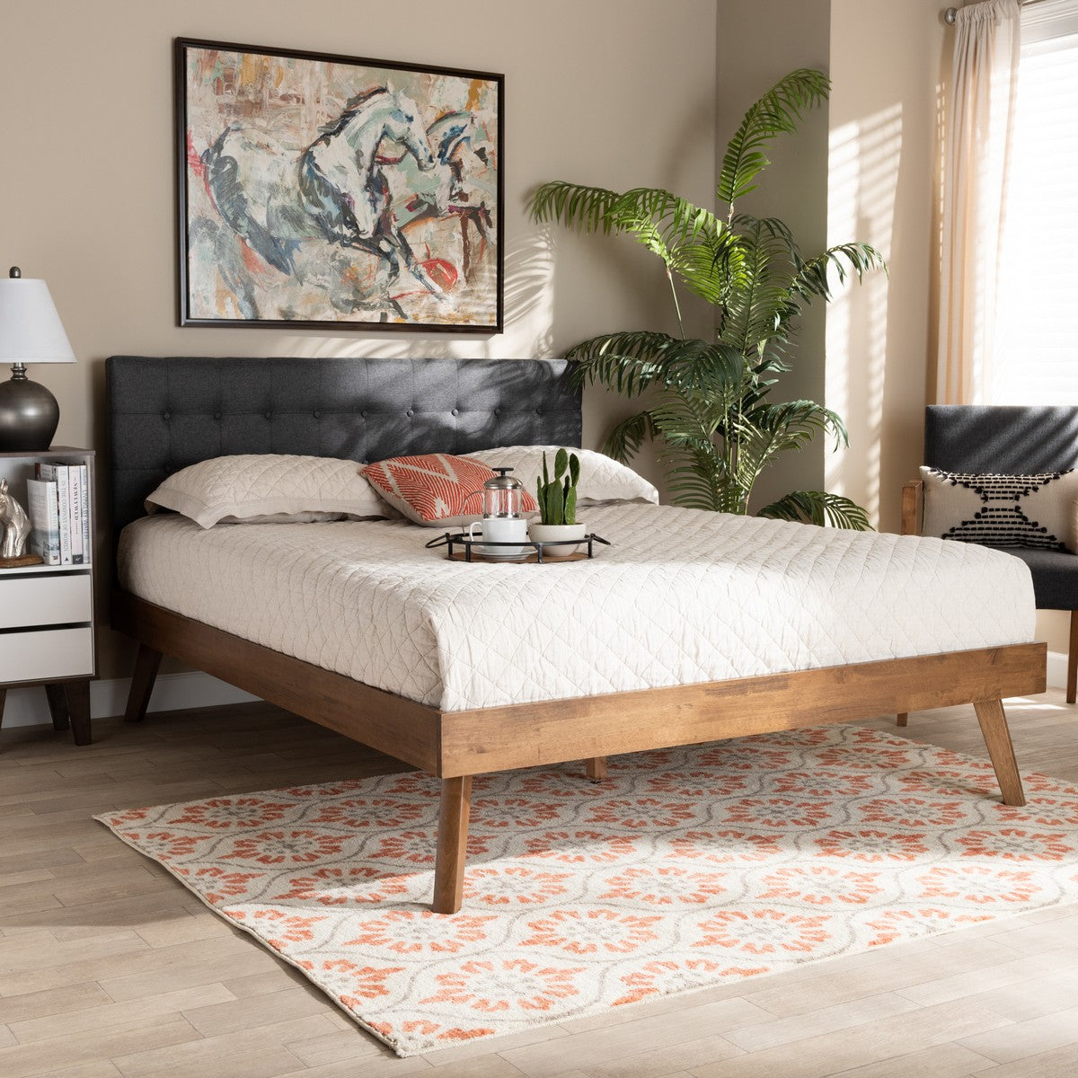 Baxton Studio Devan Mid-Century Modern Dark Grey Fabric Upholstered Walnut Brown Finished Wood Full Size Platform Bed
