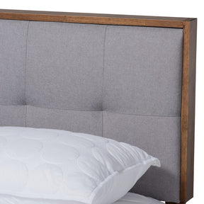 Baxton Studio Alke Mid-Century Modern Light Grey Fabric Upholstered Walnut Brown Finished Wood Queen Size Platform Bed