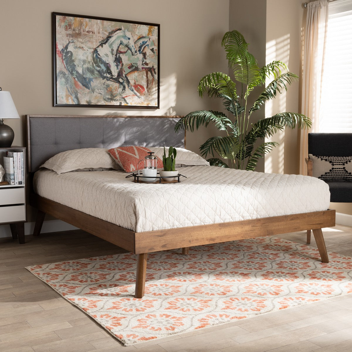 Baxton Studio Alke Mid-Century Modern Light Grey Fabric Upholstered Walnut Brown Finished Wood Full Size Platform Bed
