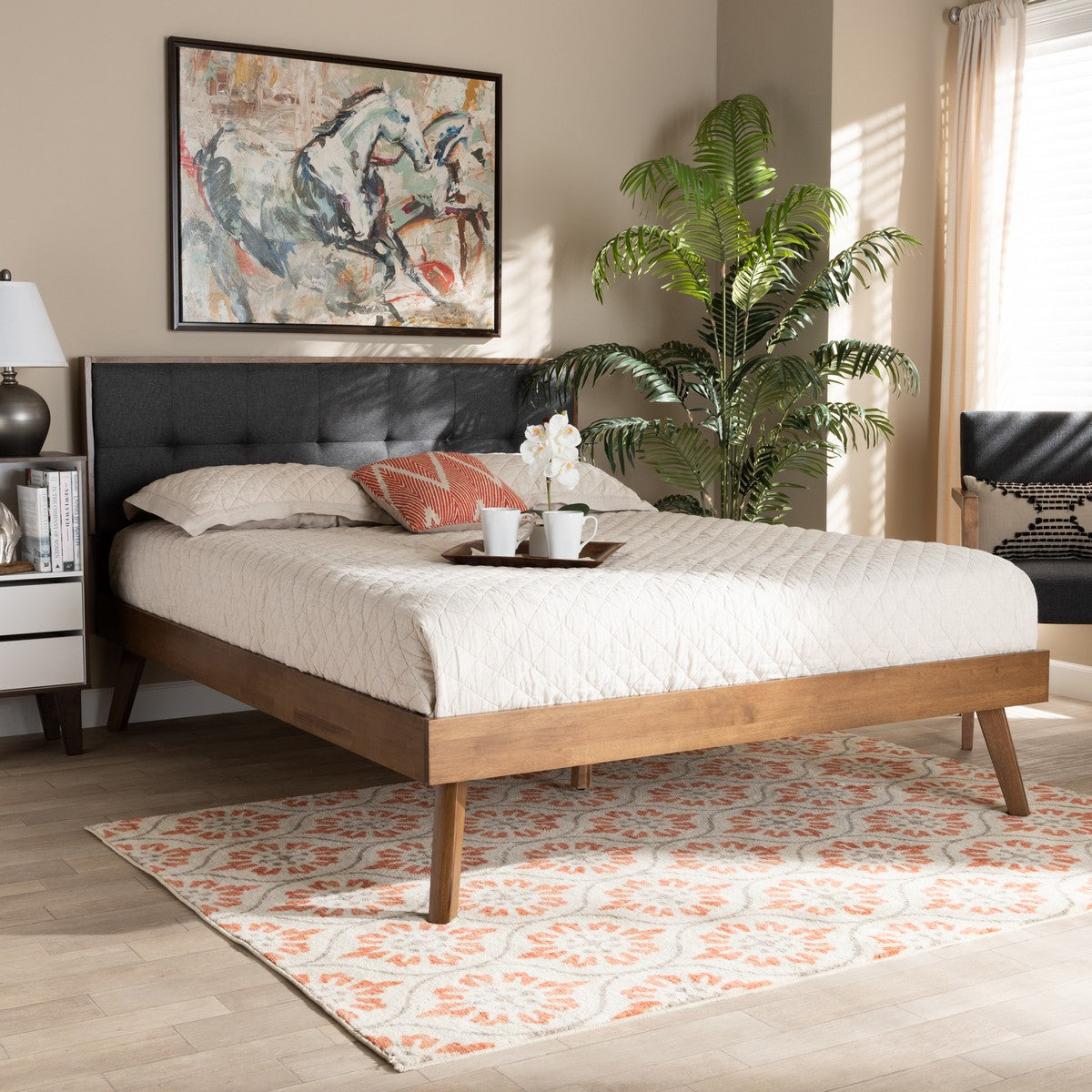 Baxton Studio Alke Mid-Century Modern Dark Grey Fabric Upholstered Walnut Brown Finished Wood King Size Platform Bed