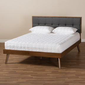Baxton Studio Alke Mid-Century Modern Dark Grey Fabric Upholstered Walnut Brown Finished Wood King Size Platform Bed