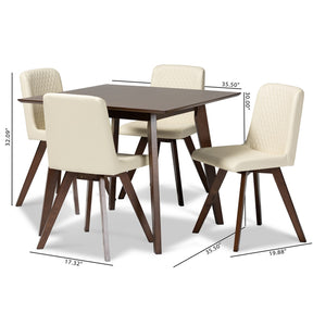 Baxton Studio Pernille Modern Transitional Cream Faux Leather Upholstered Walnut Finished Wood 5-Piece Dining Set
