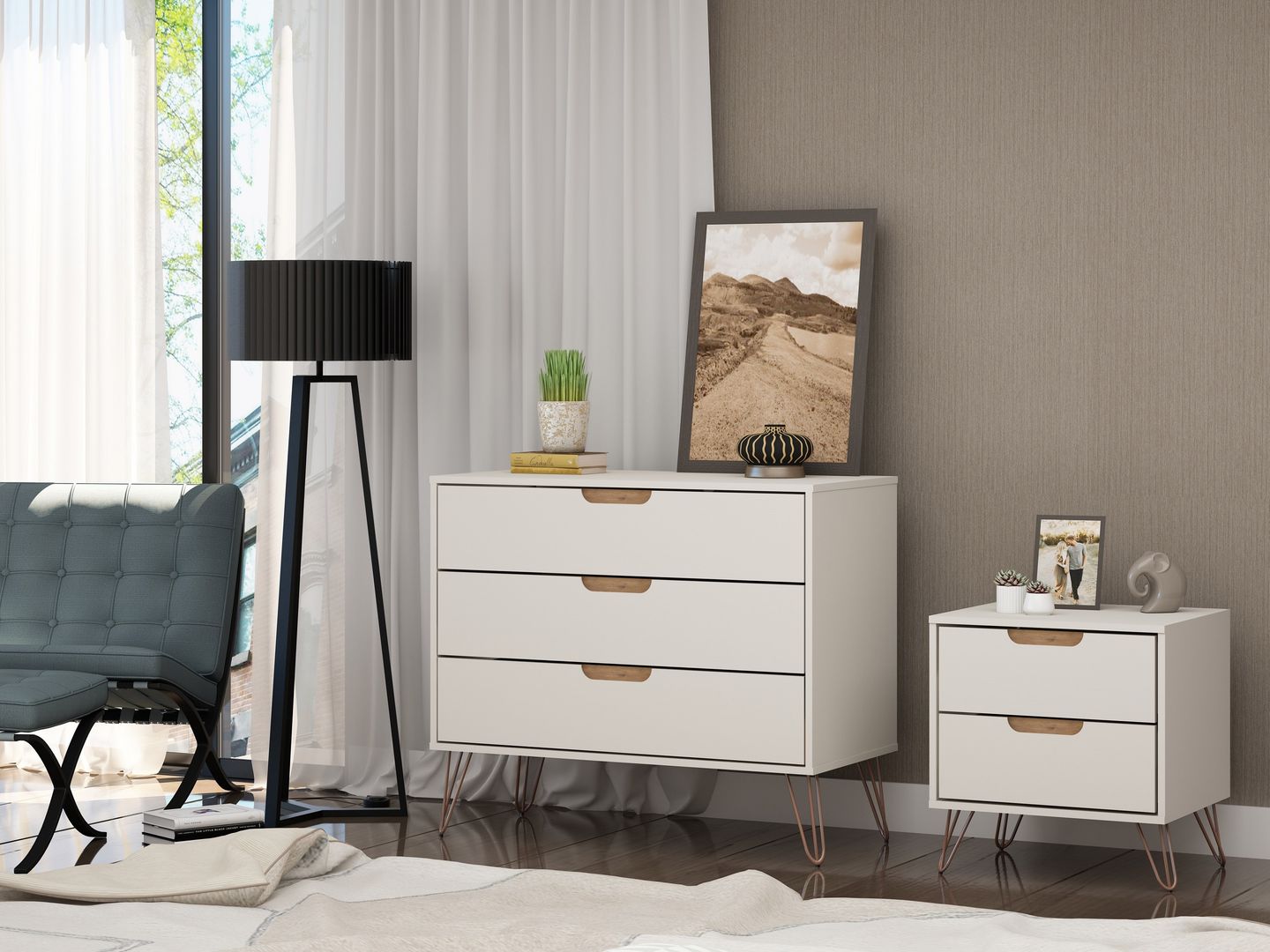 Manhattan Comfort Rockefeller Mic Century- Modern Dresser and Nightstand with Drawers- Set of 2 in Off White and Nature
