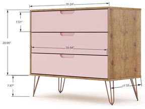 Manhattan Comfort Rockefeller Mic Century- Modern Dresser and Nightstand with Drawers- Set of 2 in Nature and Rose Pink