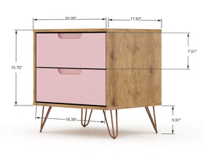 Manhattan Comfort Rockefeller Mic Century- Modern Dresser and Nightstand with Drawers- Set of 2 in Nature and Rose Pink