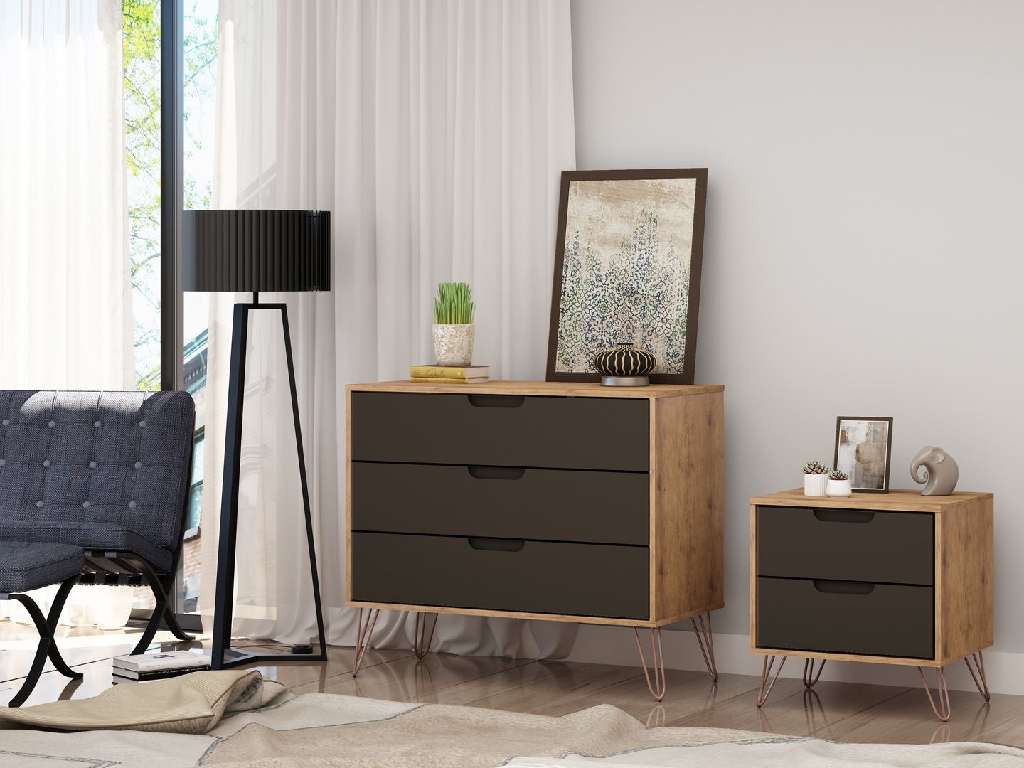 Manhattan Comfort Rockefeller Mic Century- Modern Dresser and Nightstand with Drawers- Set of 2 in Nature and Textured Grey