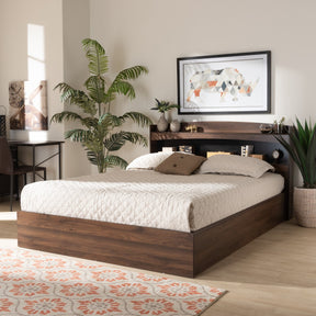 Baxton Studio Christopher Modern and Contemporary Rustic Walnut Brown Finished Wood Queen Size Platform Bed with Shelves