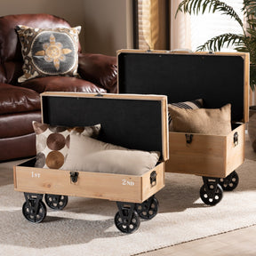 Baxton Studio Finlay Transitional Rustic Farmhouse Beige Fabric Upholstered Distressed Natural Wood and Black Metal 2-Piece Wheeled Storage Ottoman Set