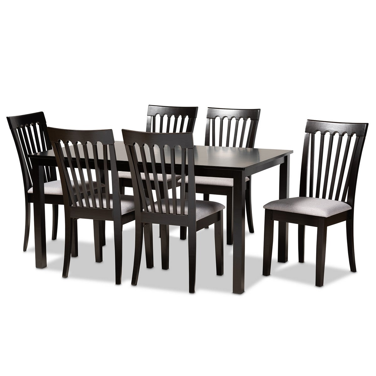 Baxton Studio Minette Modern and Contemporary Gray Fabric Upholstered and Espresso Brown Finished Wood 7-Piece Dining Set Baxton Studio-Dining Sets-Minimal And Modern - 1