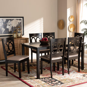 Baxton Studio Lenoir Modern And Contemporary Sand Fabric Upholstered Espresso Brown Finished Wood 7-Piece Dining Set - RH315C-Sand/Dark Brown-7PC Dining Set