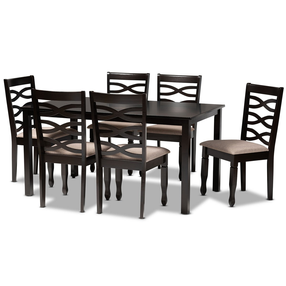 Baxton Studio Lanier Modern and Contemporary Sand Fabric Upholstered Dark Brown Finished Wood 7-Piece Dining Set Baxton Studio-Dining Sets-Minimal And Modern - 1