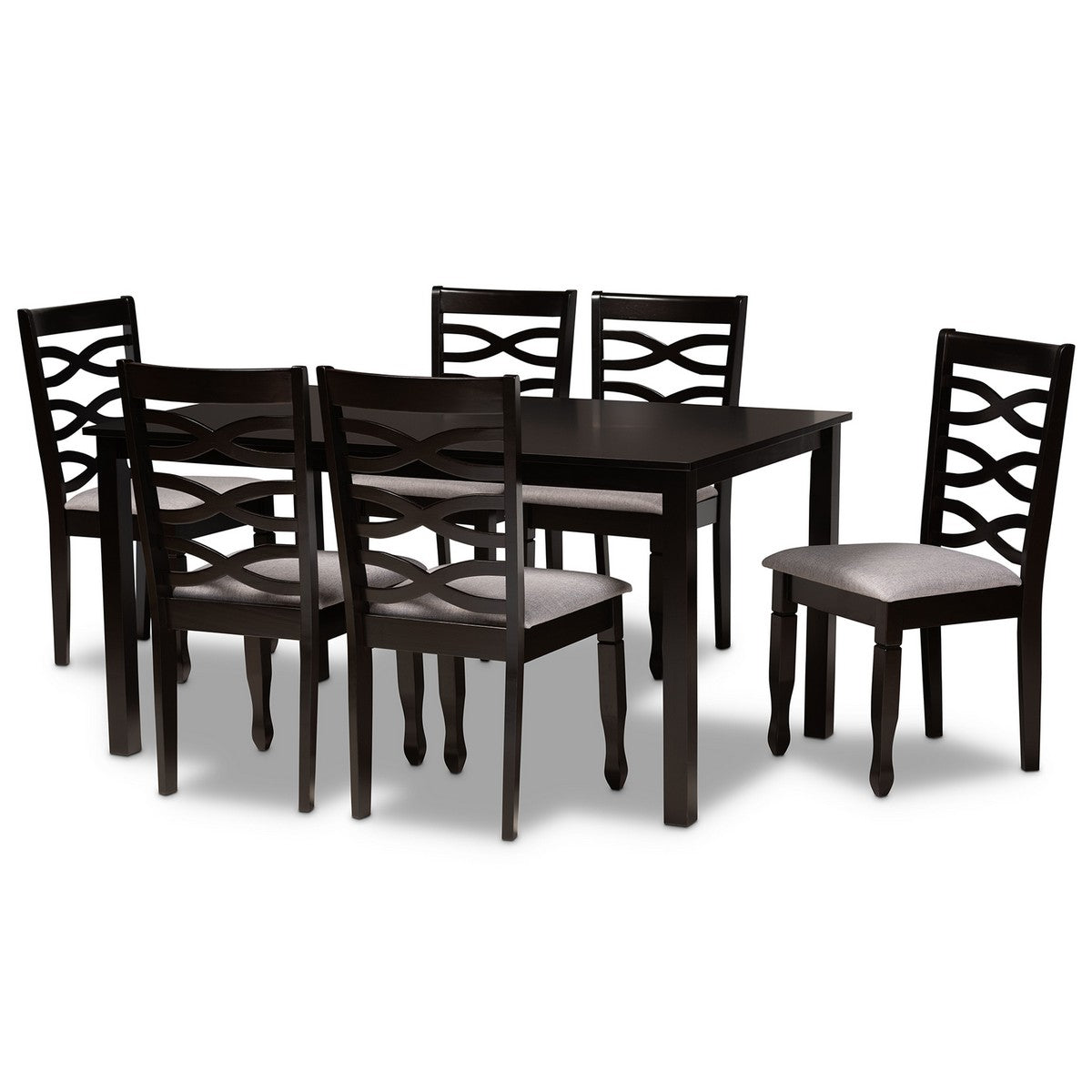 Baxton Studio Lanier Modern and Contemporary Grey Fabric Upholstered and Dark Brown Finished Wood 7-Piece Dining Set Baxton Studio- Dining Sets-Minimal And Modern - 1