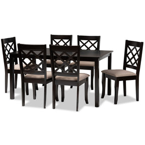 Baxton Studio Verner Modern and Contemporary Sand Fabric Upholstered Dark Brown Finished 7-Piece Wood Dining Set Baxton Studio-Dining Sets-Minimal And Modern - 1