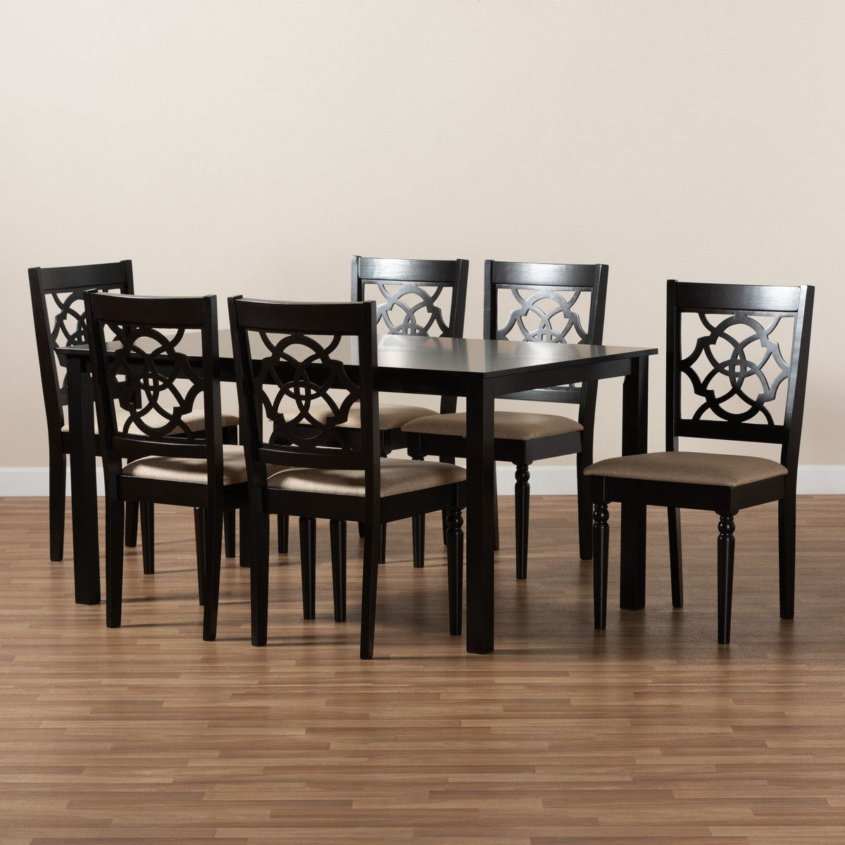 Baxton Studio Renaud Modern and Contemporary Sand Fabric Upholstered and Dark Brown Finished Wood 7-Piece Dining Set
