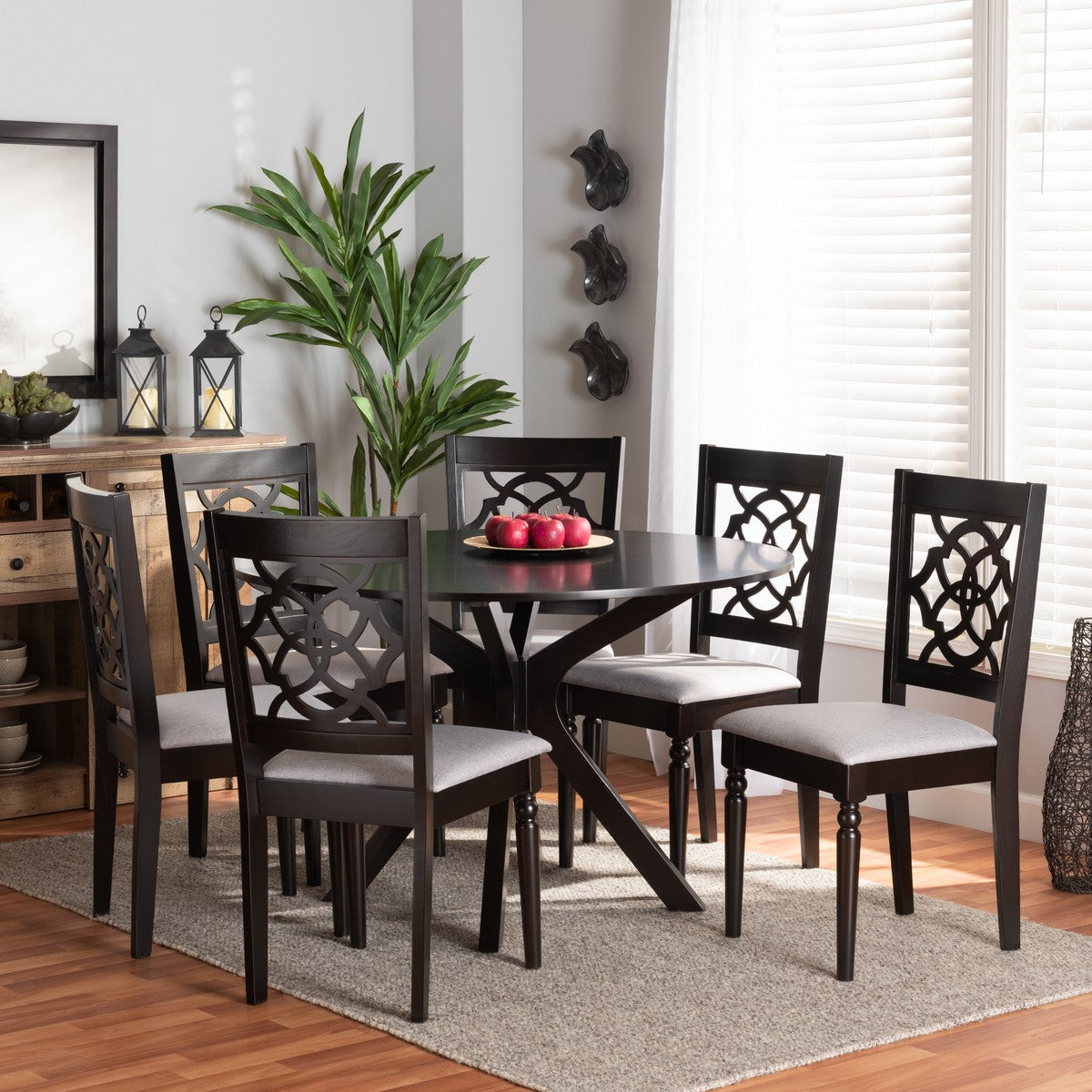 Baxton Studio Sadie Modern and Contemporary Grey Fabric Upholstered and Dark Brown Finished Wood 7-Piece Dining Set