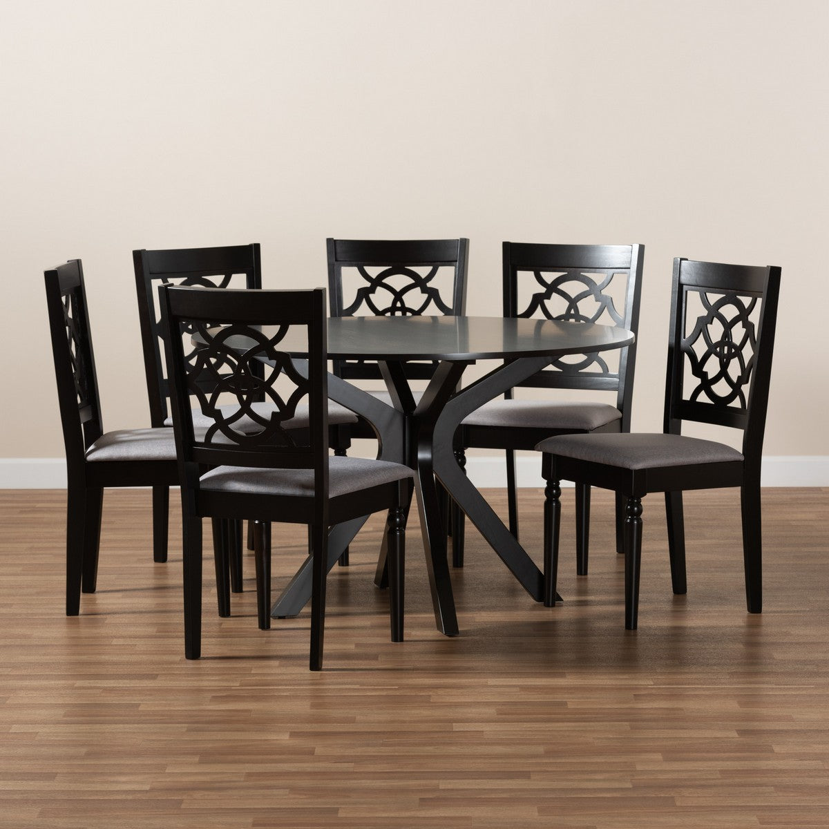Baxton Studio Sadie Modern and Contemporary Grey Fabric Upholstered and Dark Brown Finished Wood 7-Piece Dining Set
