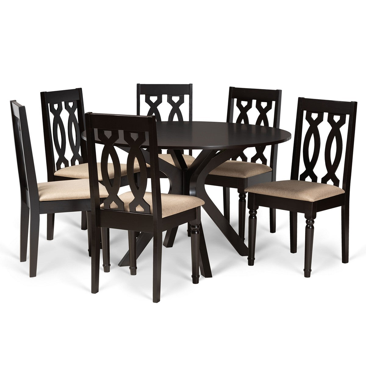 Baxton Studio Callie Modern and Contemporary Sand Fabric Upholstered and Dark Brown Finished Wood 7-Piece Dining Set Baxton Studio-Dining Sets-Minimal And Modern - 1