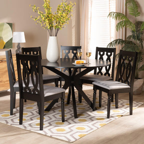 Baxton Studio Callie Modern And Contemporary Grey Fabric Upholstered And Dark Brown Finished Wood 7-Piece Dining Set - Callie-Grey/Dark Brown-7PC Dining Set
