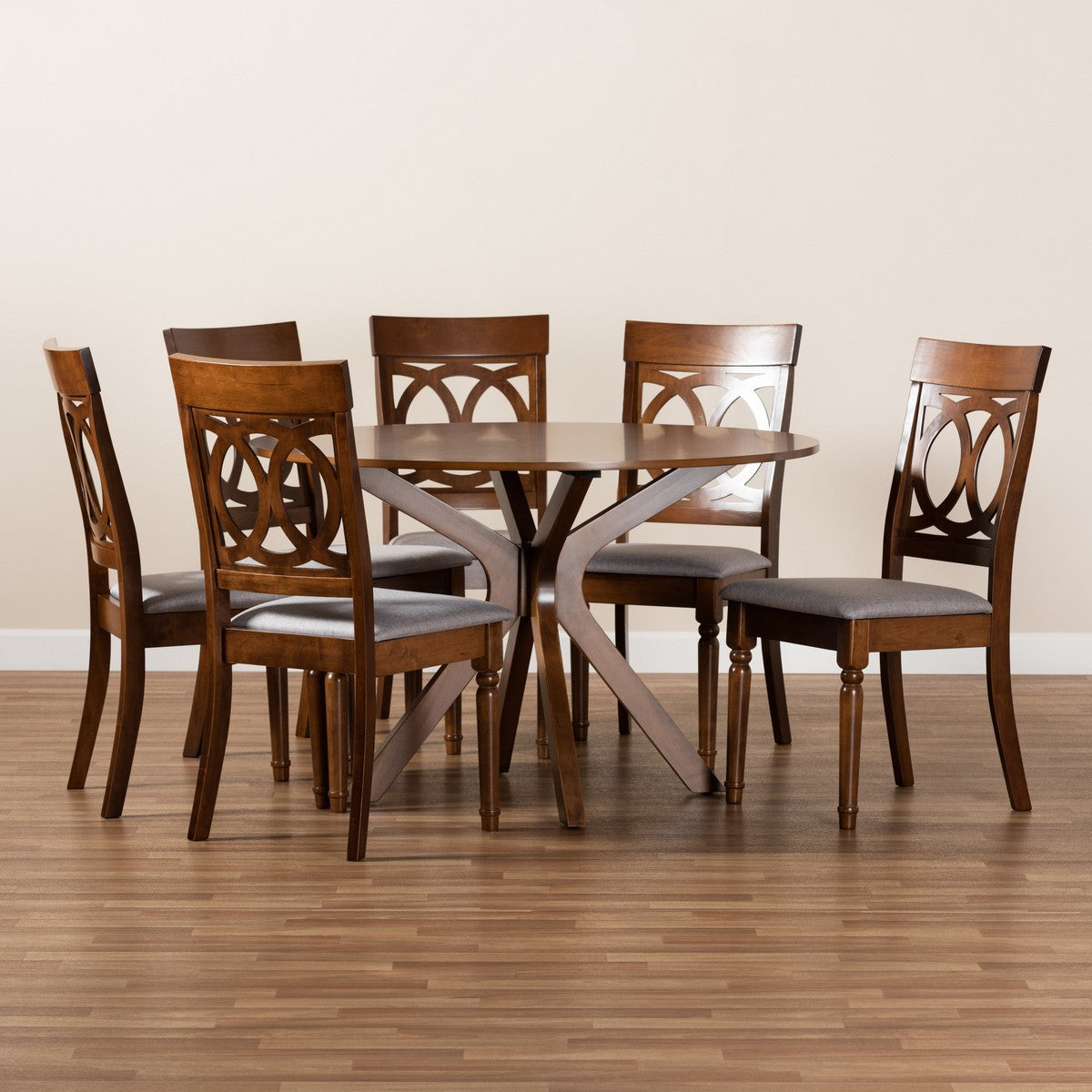 Baxton Studio Jessie Modern and Contemporary Grey Fabric Upholstered and Walnut Brown Finished Wood 7-Piece Dining Set