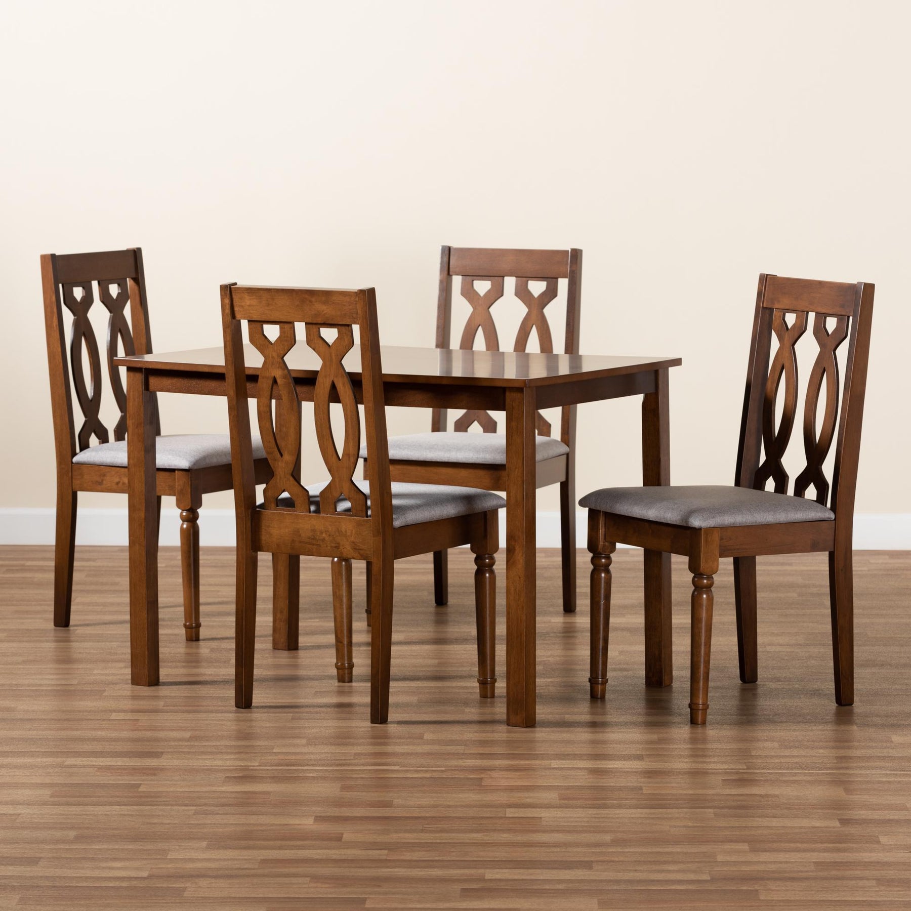 Baxton Studio Cherese Modern And Contemporary Grey Fabric Upholstered And Walnut Brown Finished 5-Piece Wood Dining Set - RH334C-Grey/Walnut-5PC Dining Set
