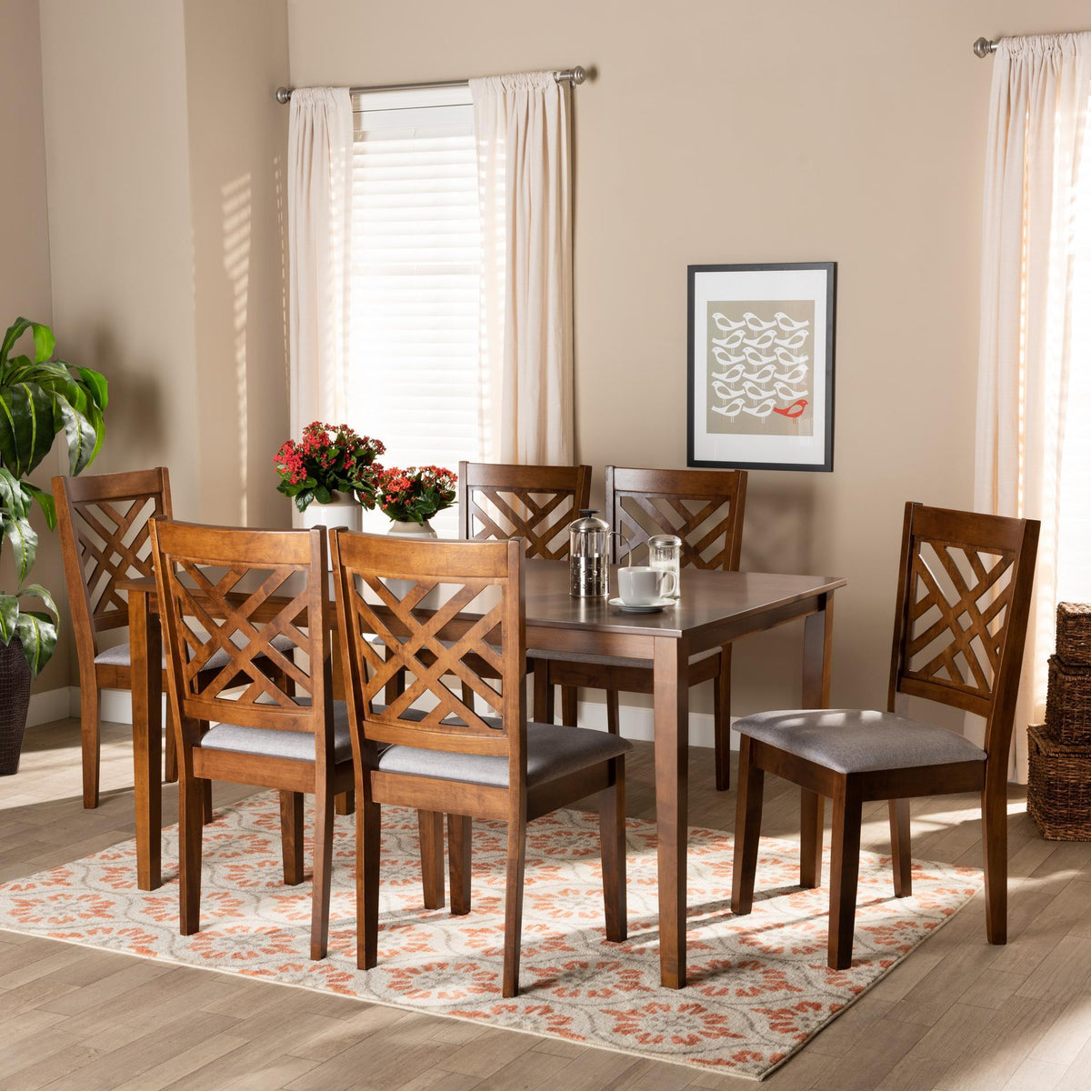 Baxton Studio Caron Modern And Contemporary Grey Fabric Upholstered And Walnut Brown Finished Wood 7-Piece Dining Set - RH317C-Grey/Walnut-DC-7PC Dining Set