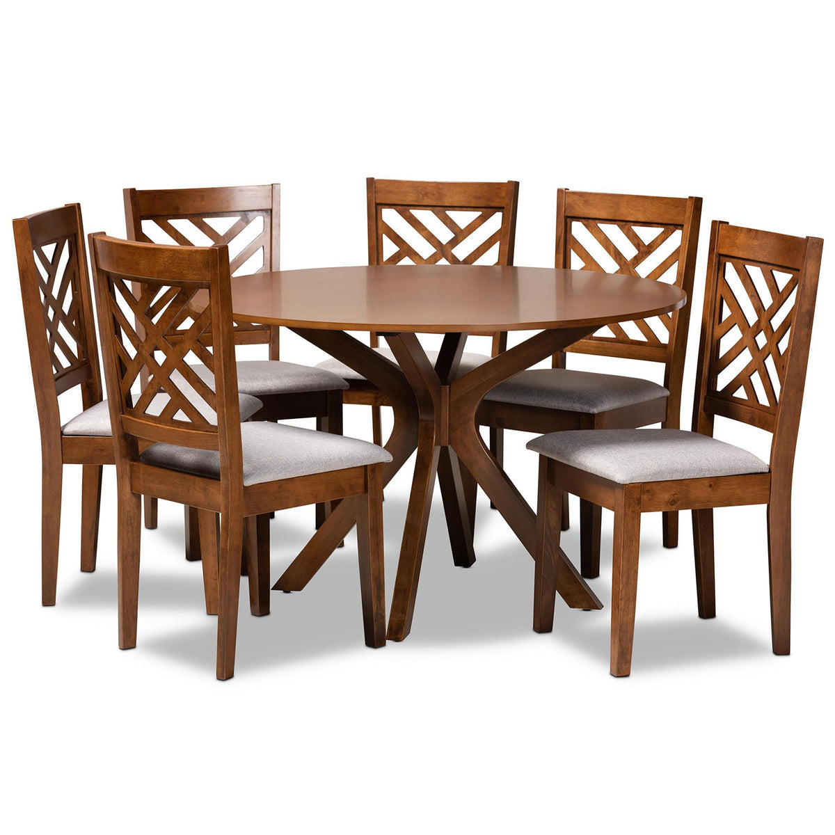 Baxton Studio Norah Modern And Contemporary Grey Fabric Upholstered And Walnut Brown Finished Wood 7-Piece Dining Set - Norah-Grey/Walnut-7PC Dining Set