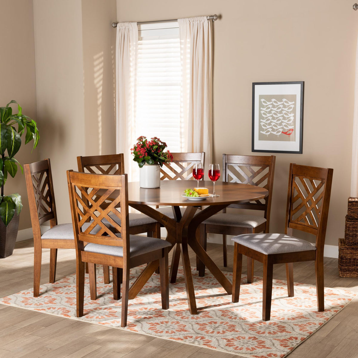 Baxton Studio Norah Modern And Contemporary Grey Fabric Upholstered And Walnut Brown Finished Wood 7-Piece Dining Set - Norah-Grey/Walnut-7PC Dining Set
