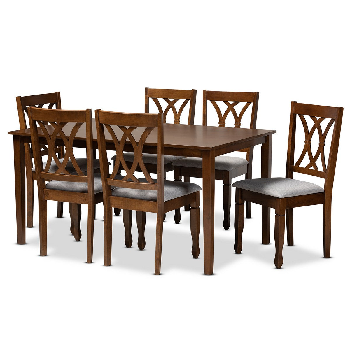Baxton Studio Augustine Modern and Contemporary Grey Fabric Upholstered and Walnut Brown Finished Wood 7-Piece Dining Set  Baxton Studio-Dining Sets-Minimal And Modern - 1