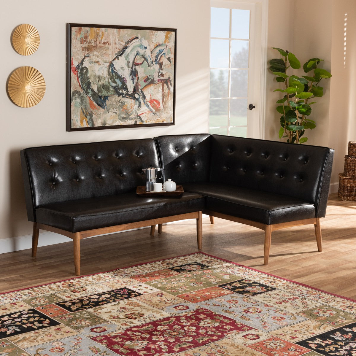 Baxton Studio Arvid Mid-Century Modern Dark Brown Faux Leather Upholstered 2-Piece Wood Dining Nook Banquette Set