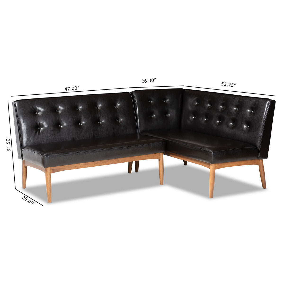 Baxton Studio Arvid Mid-Century Modern Dark Brown Faux Leather Upholstered 2-Piece Wood Dining Nook Banquette Set