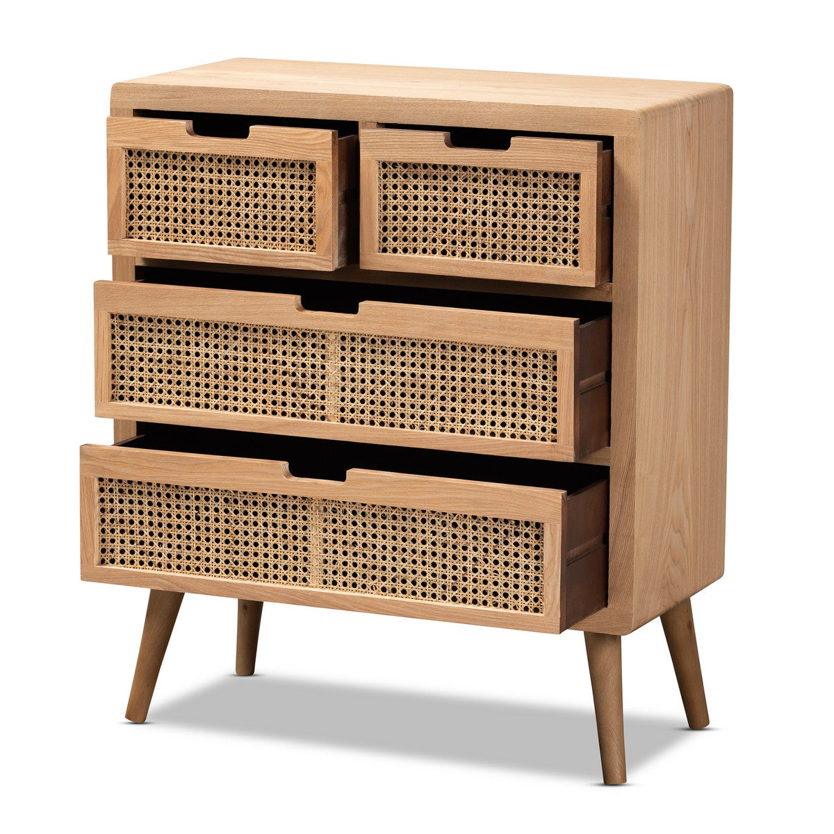 Baxton Studio Alina Mid-Century Modern Medium Oak Finished Wood and Rattan 4-Drawer Accent Chest