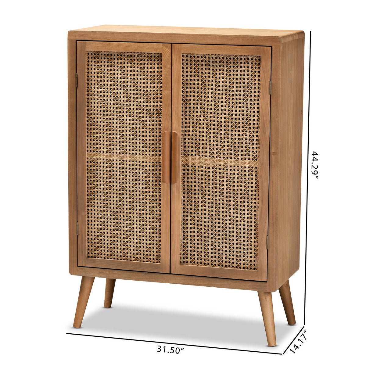 Baxton Studio Alina Mid-Century Modern Medium Oak Finished Wood and Rattan 2-Door Accent Storage Cabinet