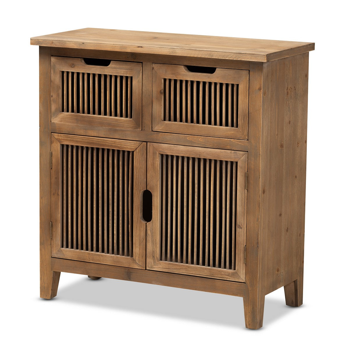 Baxton Studio Clement Rustic Transitional Medium Oak Finished 2-Door and 2-Drawer Wood Spindle Accent Storage Cabinet Baxton Studio-Multipurpose Shelving and Cabinets-Minimal And Modern - 1