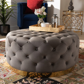 Baxton Studio Sasha Glam and Luxe Grey Velvet Fabric Upholstered Gold Finished Round Cocktail Ottoman