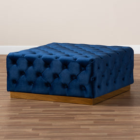 Baxton Studio Verene Glam and Luxe Royal Blue Velvet Fabric Upholstered Gold Finished Square Cocktail Ottoman