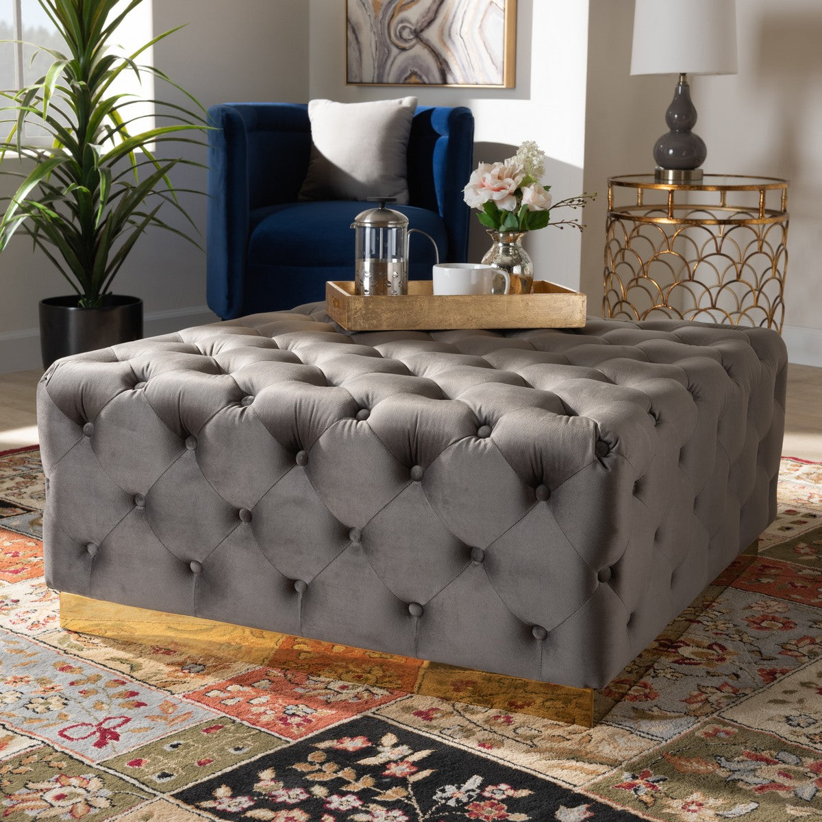 Baxton Studio Verene Glam and Luxe Grey Velvet Fabric Upholstered Gold Finished Square Cocktail Ottoman