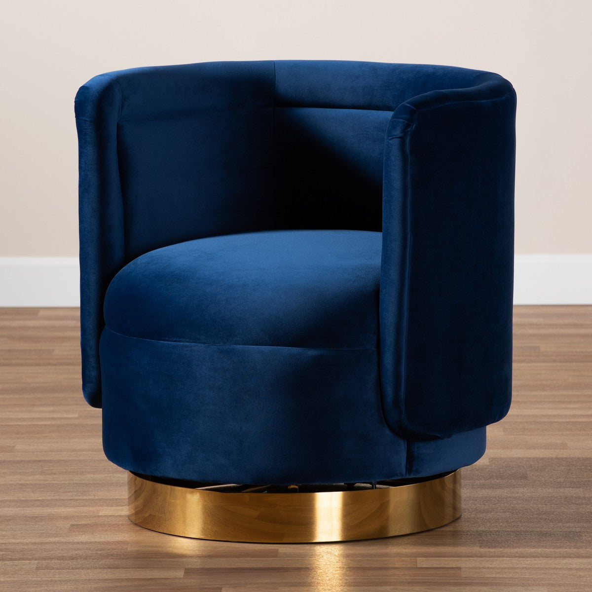 Baxton Studio Saffi Glam and Luxe Royal Blue Velvet Fabric Upholstered Gold Finished Swivel Accent Chair