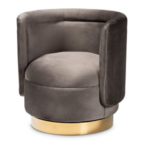 Baxton Studio Saffi Glam and Luxe Grey Velvet Fabric Upholstered Gold Finished Swivel Accent Chair Baxton Studio-chairs-Minimal And Modern - 1