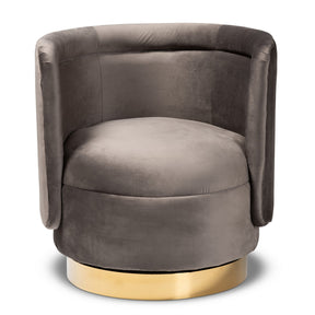 Baxton Studio Saffi Glam and Luxe Grey Velvet Fabric Upholstered Gold Finished Swivel Accent Chair
