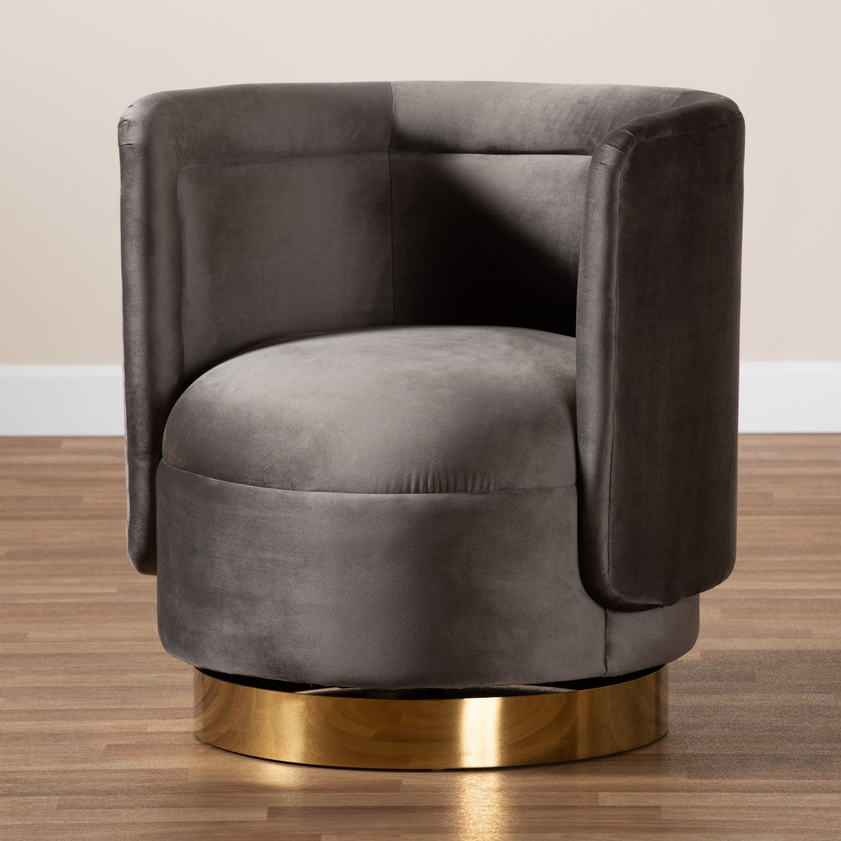 Baxton Studio Saffi Glam and Luxe Grey Velvet Fabric Upholstered Gold Finished Swivel Accent Chair