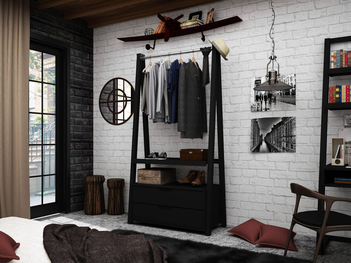 Manhattan Comfort Rockefeller Mid-Century - Modern Open Wardrobe Armoire Closet with 2 Drawers in Black
