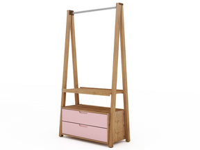 Manhattan Comfort Rockefeller Mid-Century - Modern Open Wardrobe Armoire Closet with 2 Drawers in Nature and Rose Pink