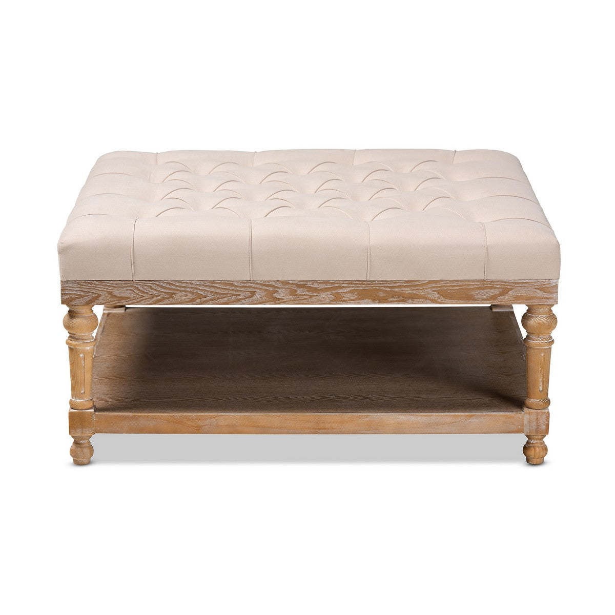 Baxton Studio Kelly Modern and Rustic Beige Linen Fabric Upholstered and Greywashed Wood Cocktail Ottoman