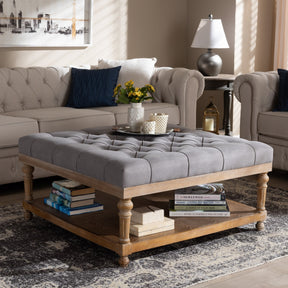 Baxton Studio Kelly Modern and Rustic Grey Linen Fabric Upholstered and Greywashed Wood Cocktail Ottoman