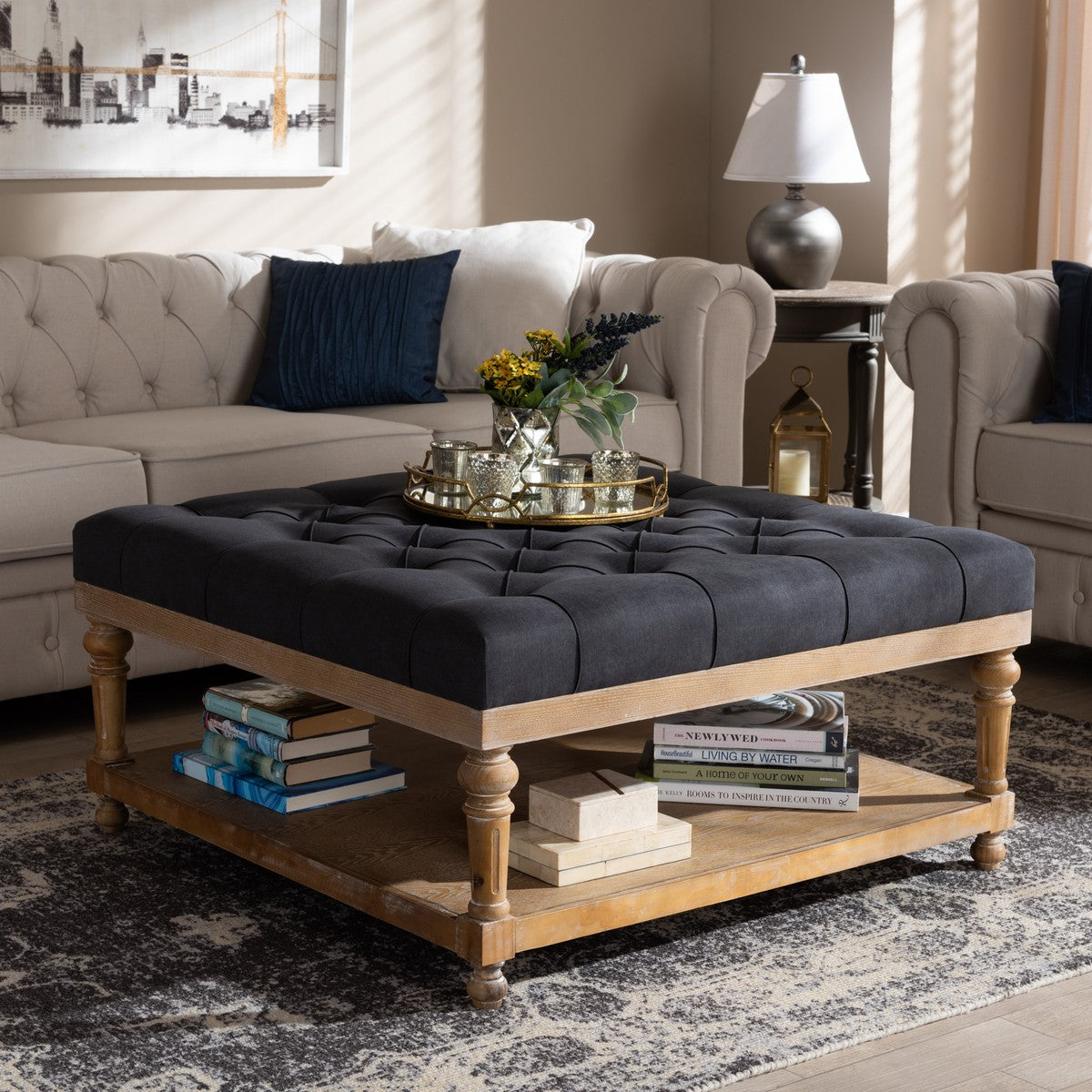 Baxton Studio Kelly Modern and Rustic Charcoal Linen Fabric Upholstered and Greywashed Wood Cocktail Ottoman