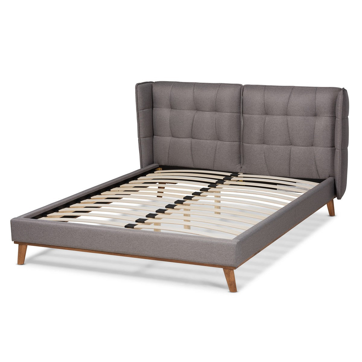 Baxton Studio Gretchen Modern and Contemporary Grey Fabric Upholstered and Walnut Brown Finished Wood Queen Size Platform Wingback Bed