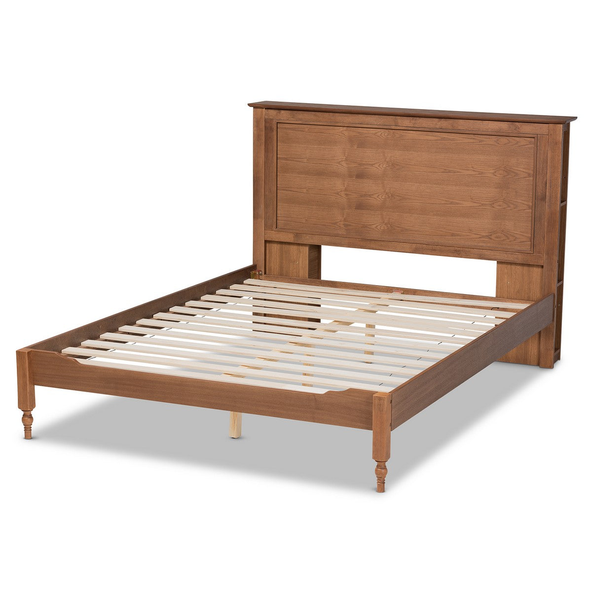 Baxton Studio Danielle Traditional and Transitional Rustic Ash Walnut Brown Finished Wood Queen Size Platform Storage Bed with Built-In Shelves